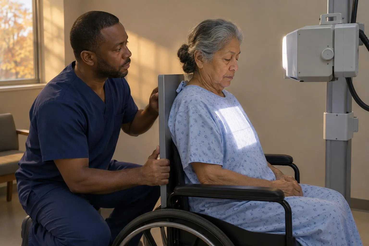 Technologist aligns a detector panel behind a seated older woman as the X-ray light field lands on her chest.