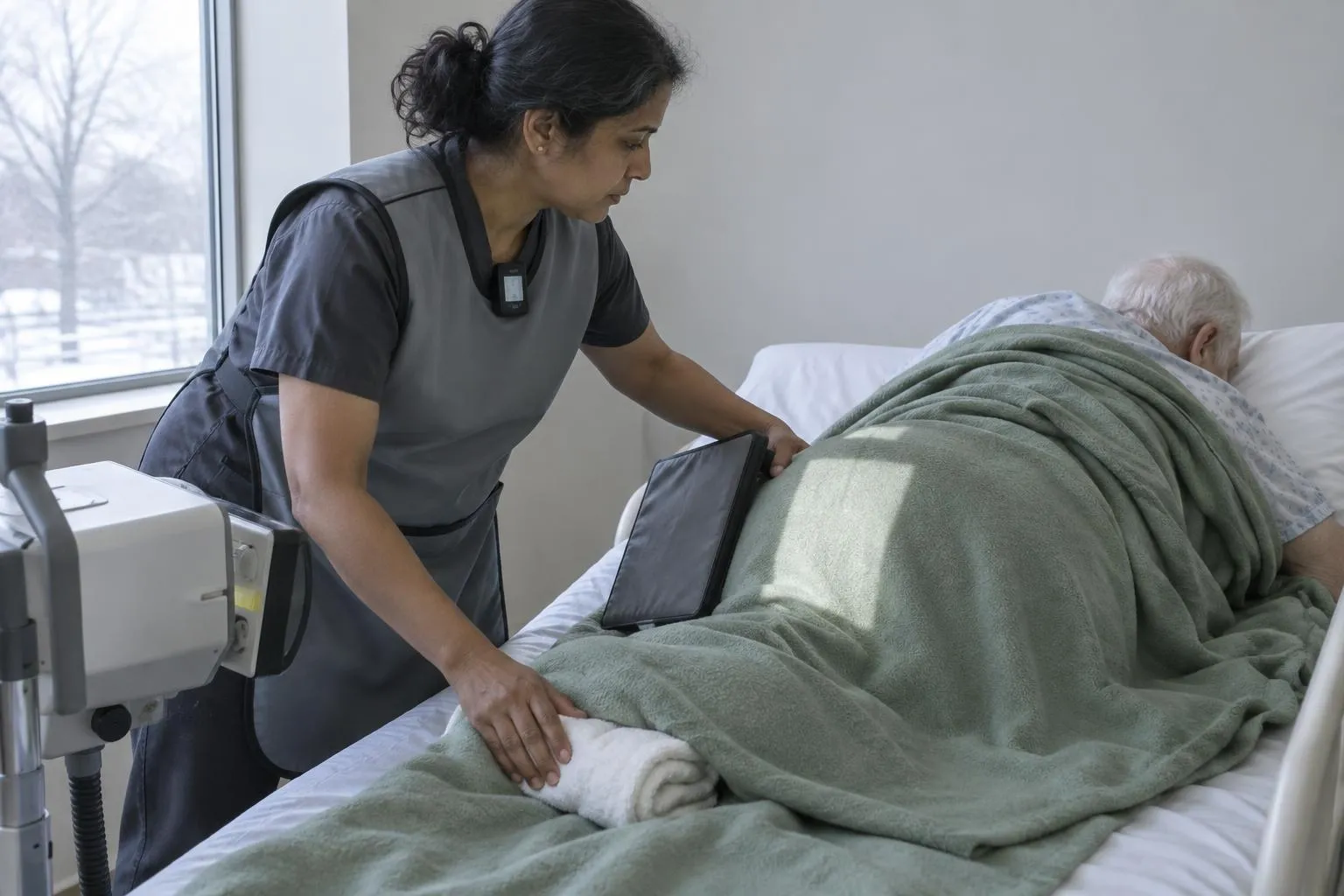 A technologist in a lead apron positions a detector at an elderly man's hip in bed while a portable X-ray tube is aimed at him.