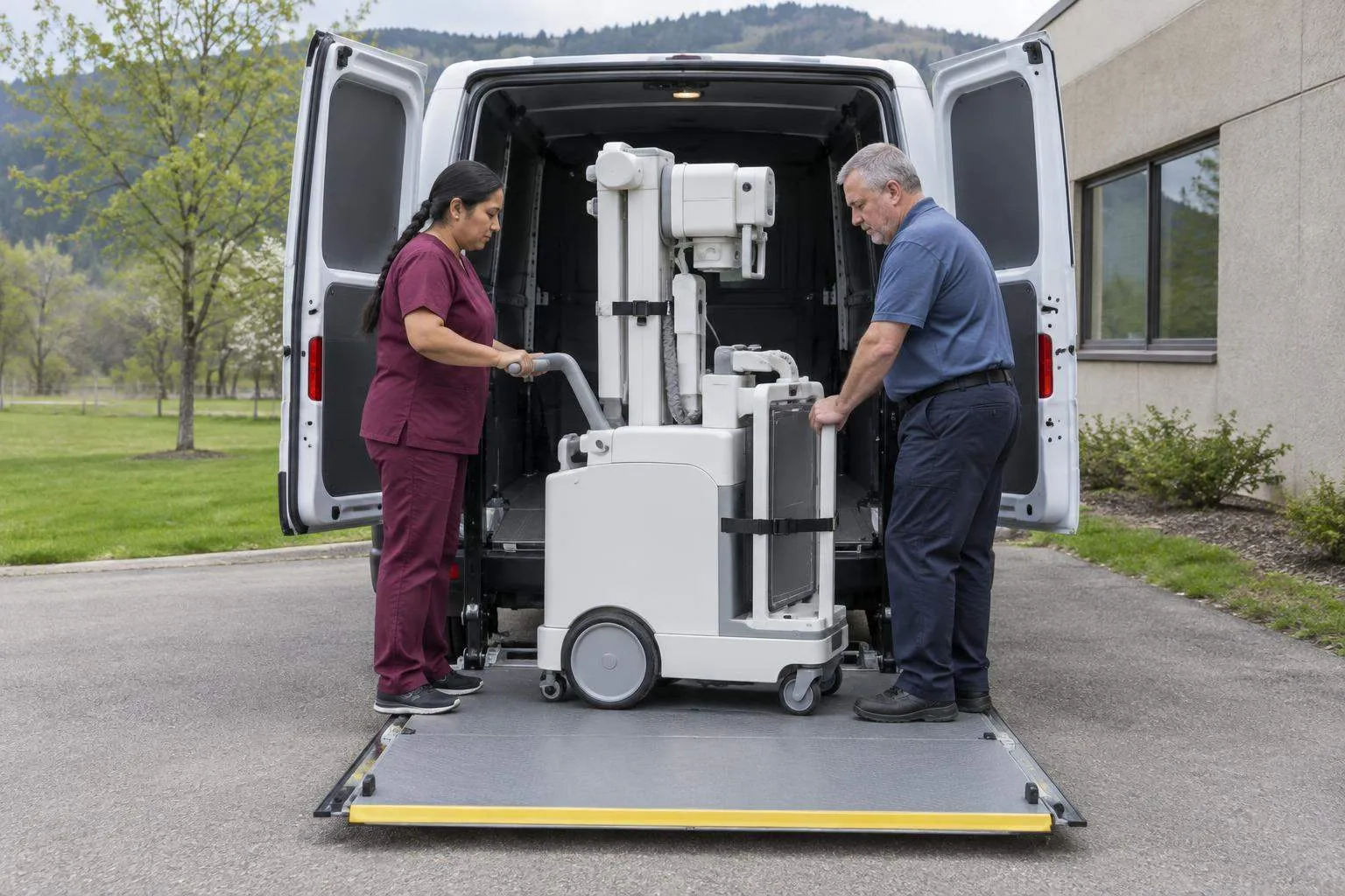 Two mobile imaging workers guide a portable X-ray unit off a van liftgate beside a rural nursing facility.