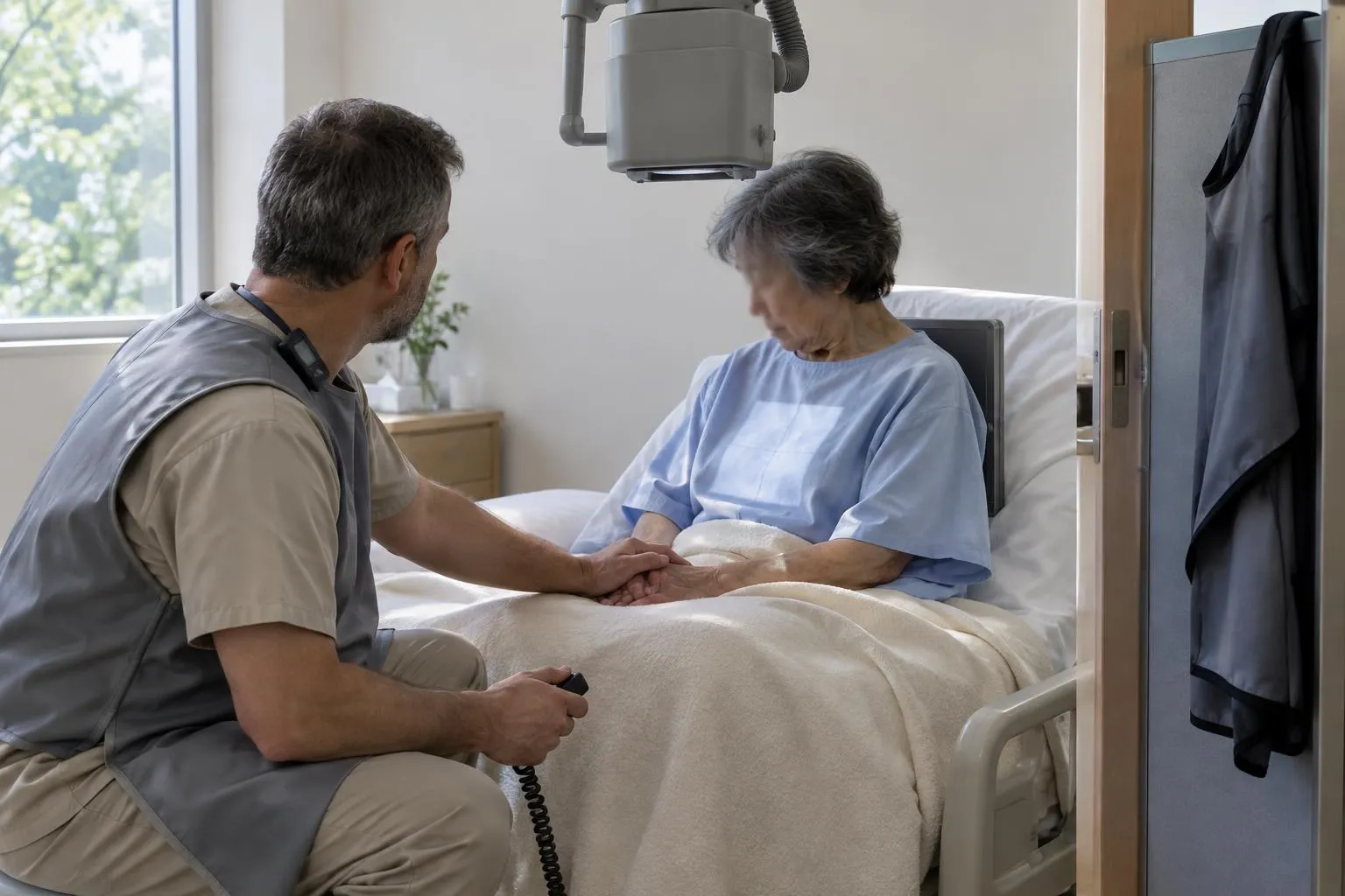 A technologist crouches by a bed, resting a hand on an elderly woman's hand while holding an exposure switch, with the X-ray unit above.