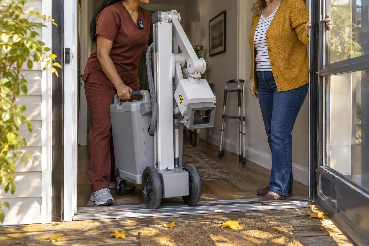 A technologist wheels a compact portable X-ray unit over a home's threshold as the patient's wife holds the door open.